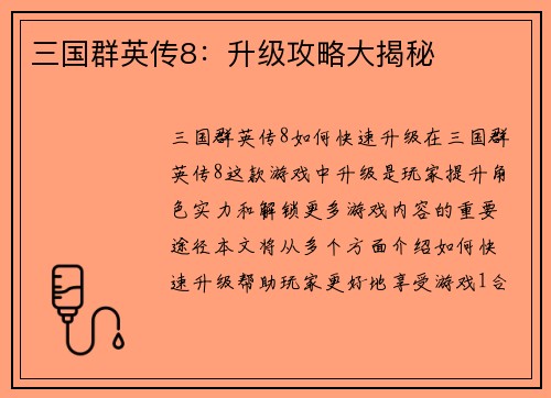 三国群英传8：升级攻略大揭秘